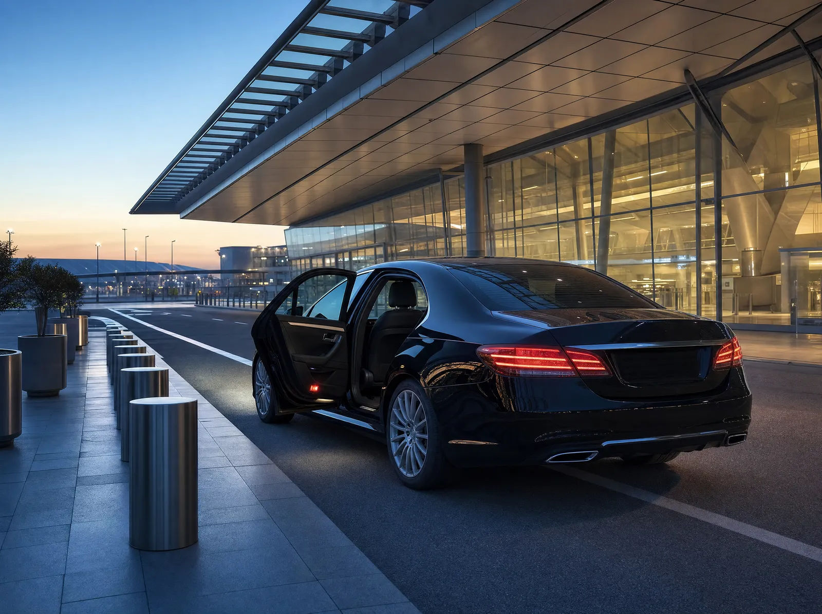 A car waiting at an airport terminal curb at dawn