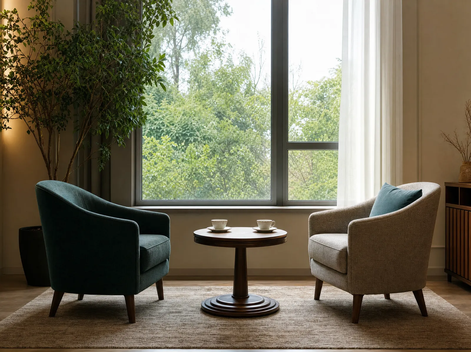 A quiet lounge with two armchairs and cups of tea
