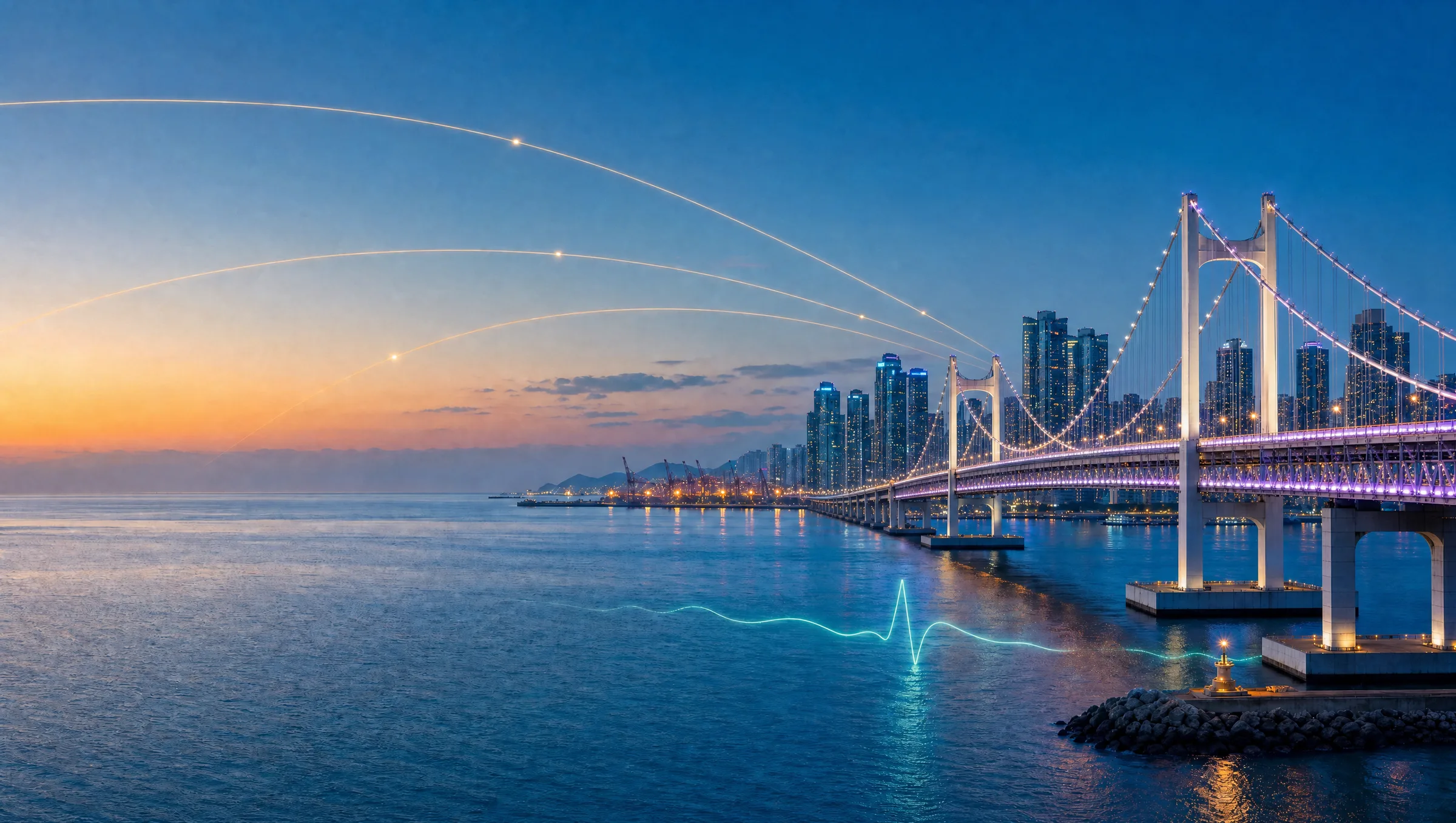 Gwangan Bridge in Busan at dawn with routes of light over the sea