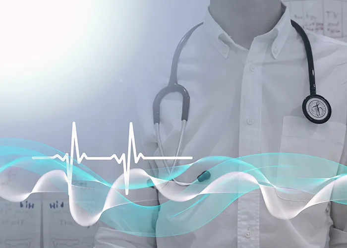 A doctor with a stethoscope and a heartbeat graphic
